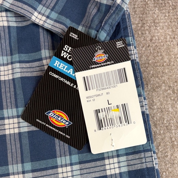 Dickies Men's Relaxed Fit Blue/White Plaid Short Sleeve Button Up Shirt L NWT - Picture 6 of 7